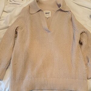 aerie Beige Ribbed V-Neck Collar Sweater